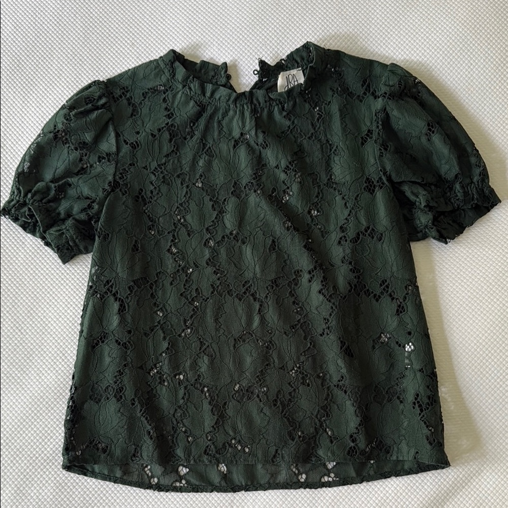 Green Ruffled Puff Sleeve Blouse with Peter Pan Collar